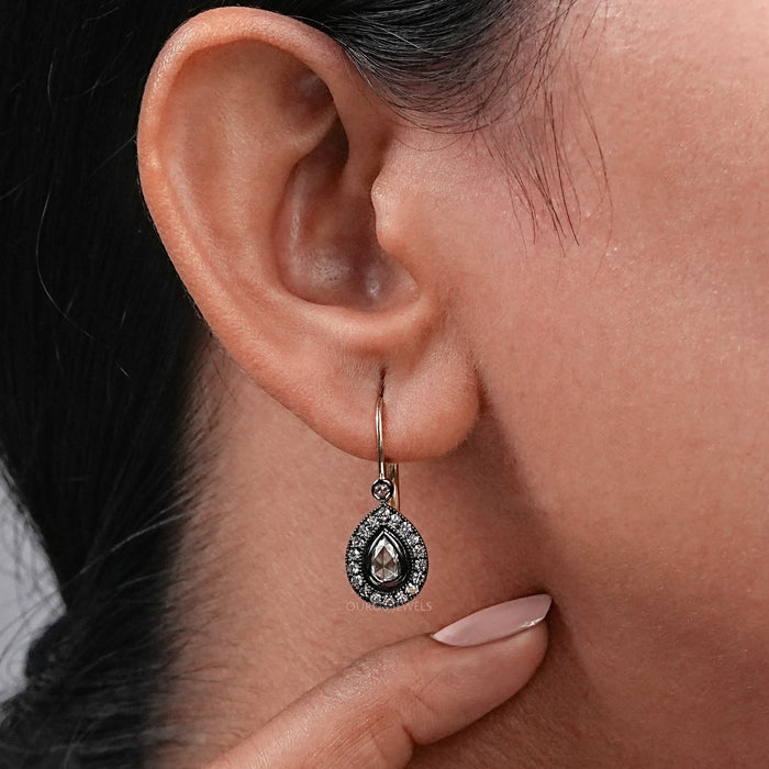 Rose Cut Pear Halo Diamond Dangle Earrings