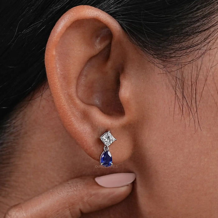 Pear Sapphire and Princess Cut Diamond Earrings