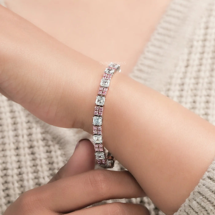 Pink Round & Asscher Cut Diamond Link Bracelet