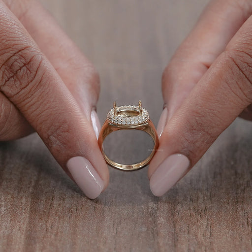 close view of east west oval shape double halo semi mount ring