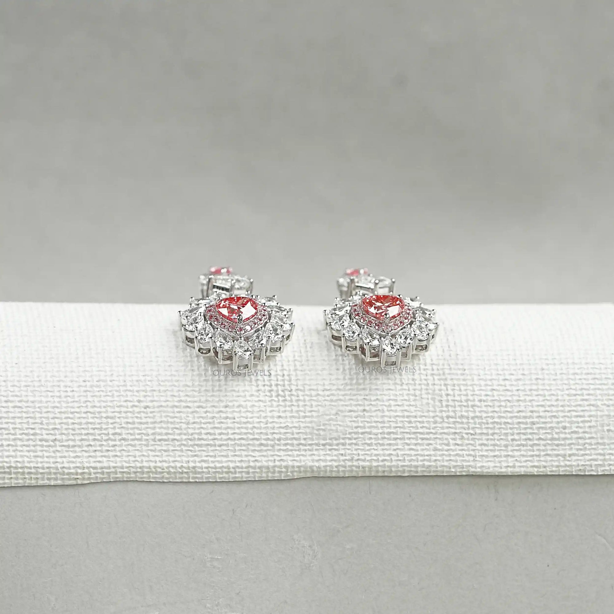 Pink Heart Cut Double Halo Drop Dangle Earrings Earrings