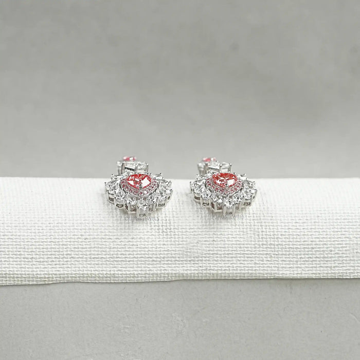 Pink Heart Cut Double Halo Drop Dangle Earrings  