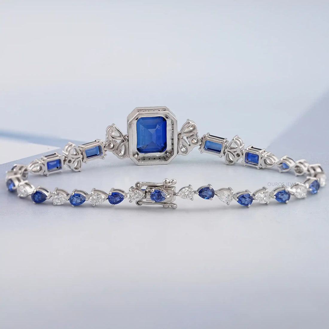 Sapphire Emerald Cut Halo Diamond Bracelet