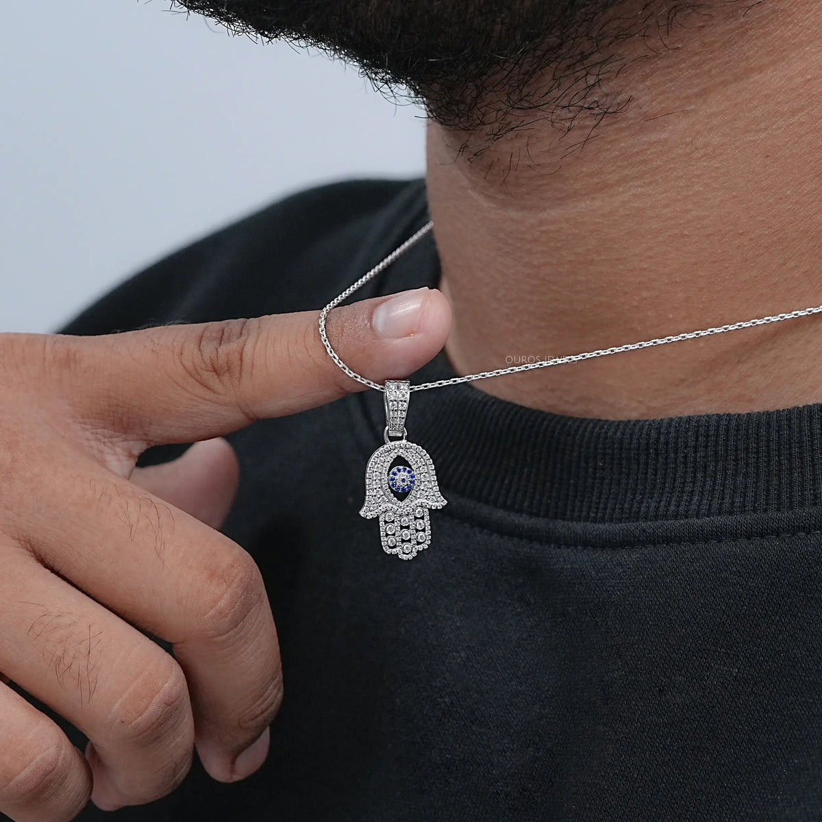 Sapphire And Lab Diamond Round Cut Hamsa Hand Men's Pendant Necklaces