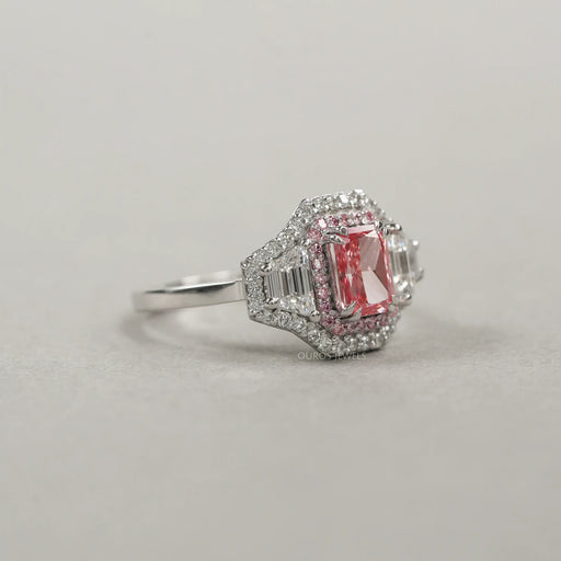 pink radiant and trapezoid cut diamond halo engagement ring's right side view