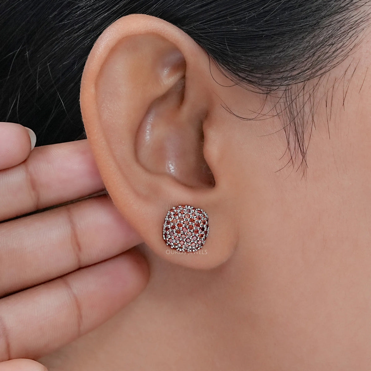 Red Round Cut Lab Diamond Pave Set Stud