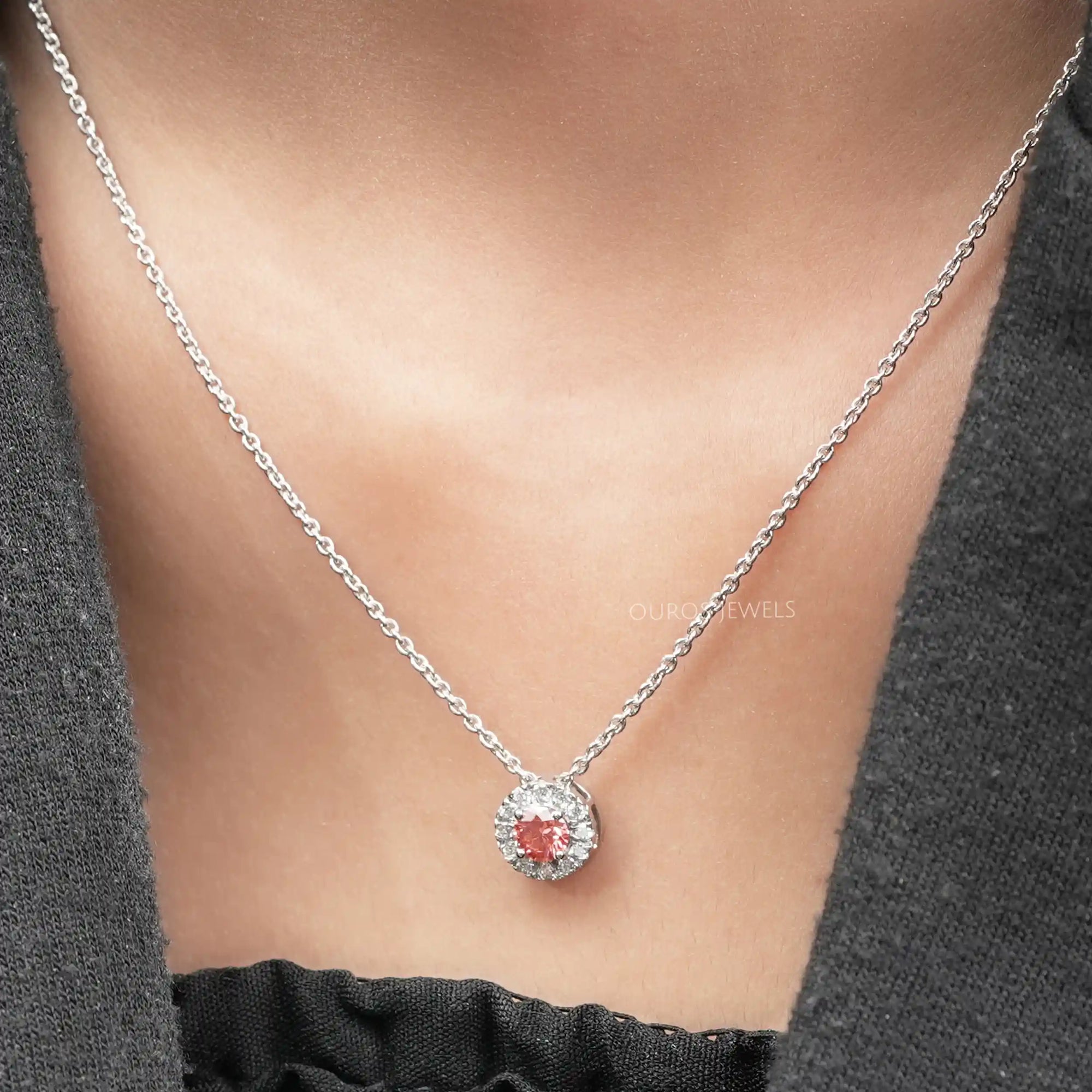 Pink Round Cut Diamond Halo Pendant Necklaces