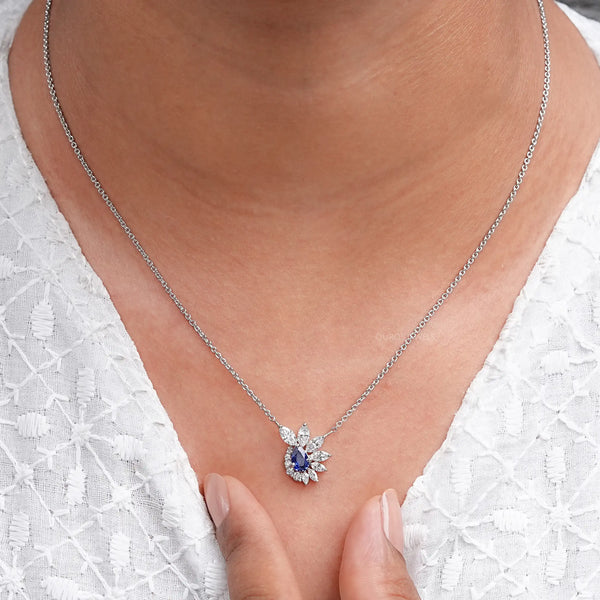 Blue Sapphire And Diamond Floral Cluster Pendant Necklace 