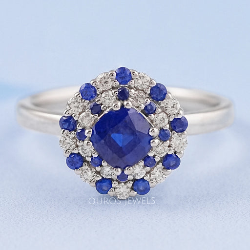 cushion cut sapphire diamond double halo engagement ring's front view
