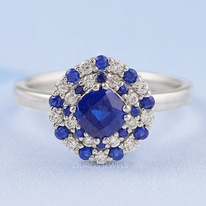 Cushion Sapphire Double Halo Engagement Ring 