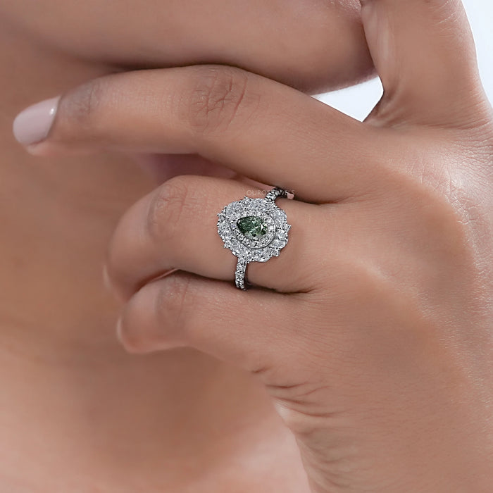 Green Pear Cut Surround Double Halo Diamond Engagement Ring