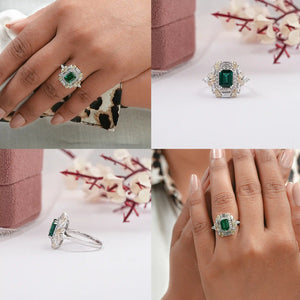 emerald gemstone and double halo engagement ring 