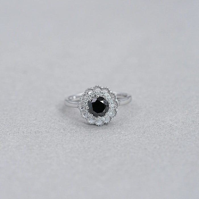 Round Black Diamond Double Halo Engagement Ring