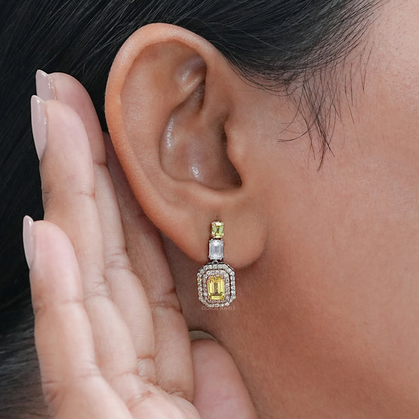 Yellow Emerald Lab Gemstone Double Halo Drop Earrings 
