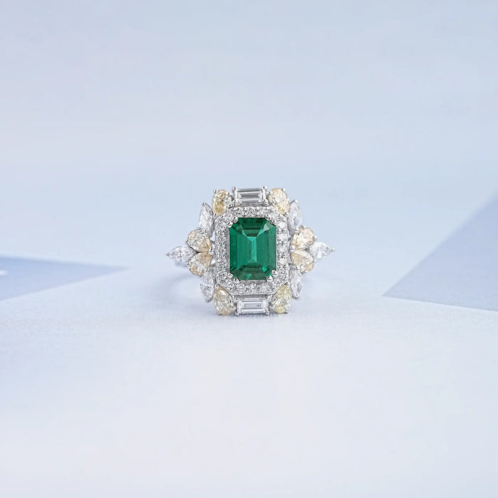 Double Halo Green Emerald Diamond Engagement Ring