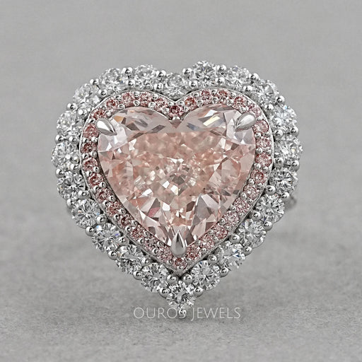 front view of pink heart cut lab diamond double halo engagement ring