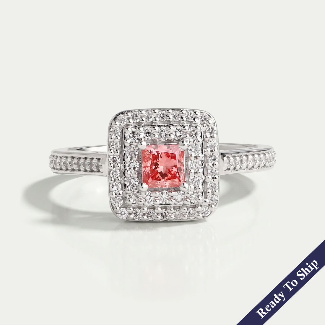 Pink Princess Cut Double Halo Engagement Ring
