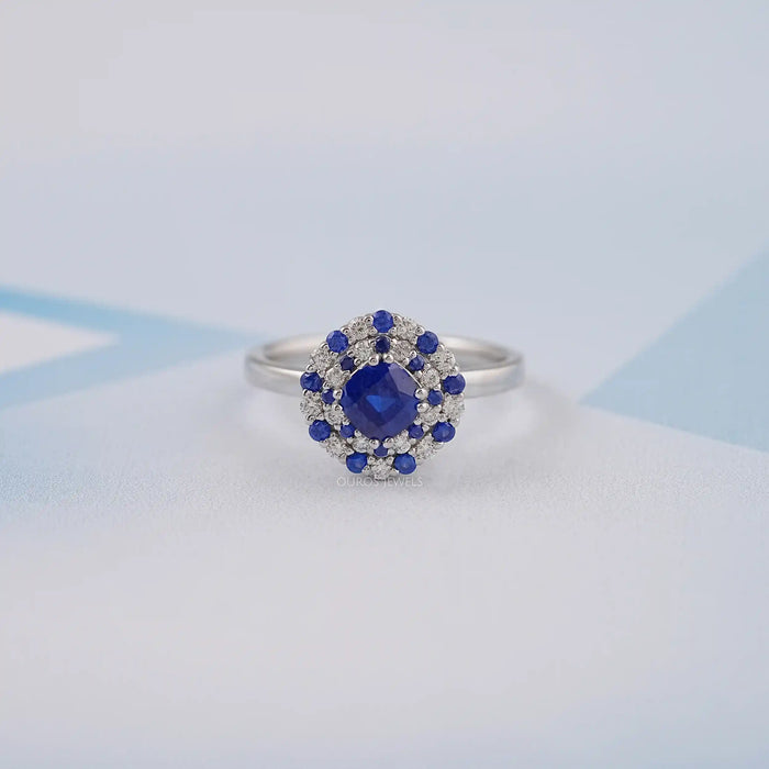 Cushion Sapphire Double Halo Engagement Ring