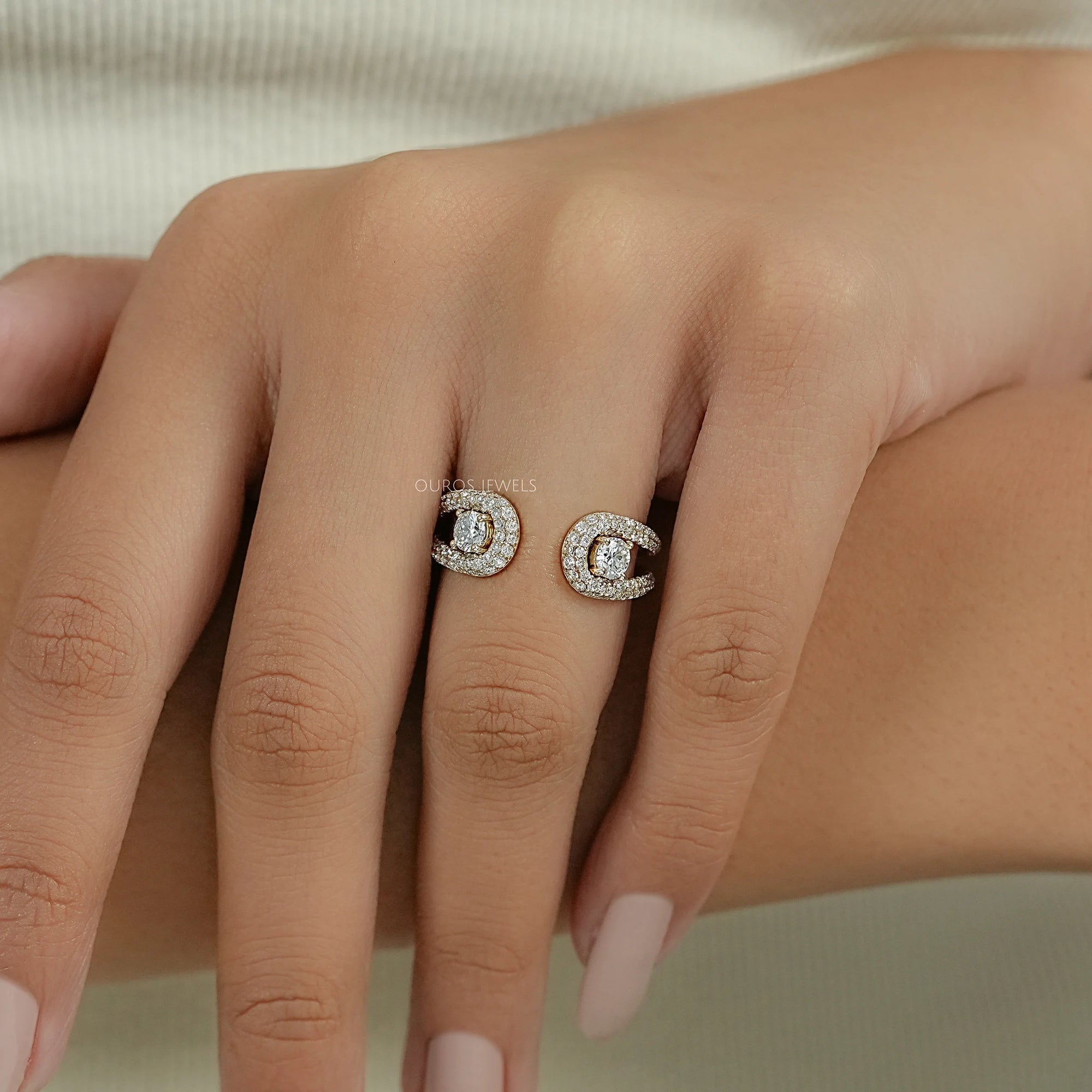 Double Loop Round Diamond Pave Set Open Ring