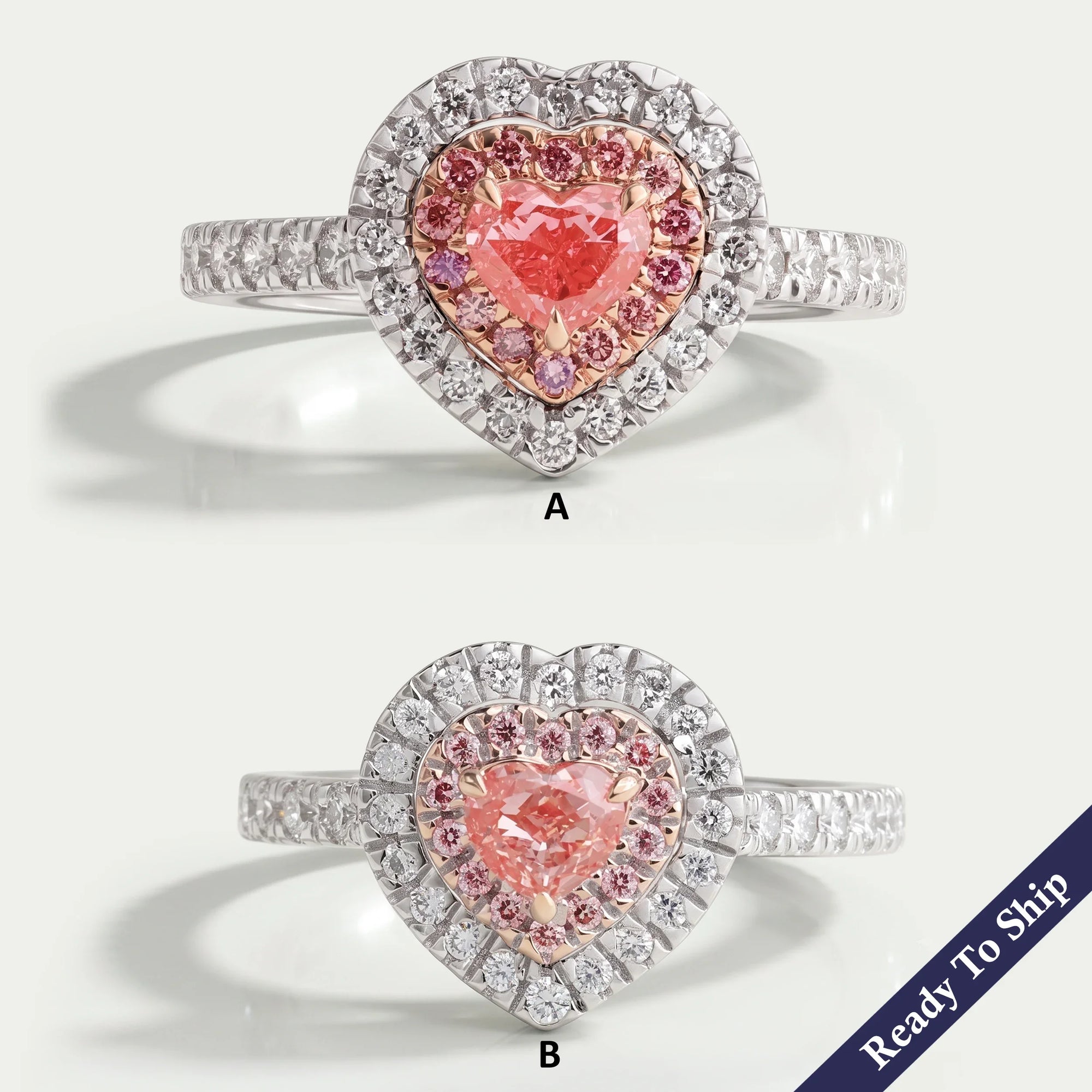 Pink Heart Diamond Double Halo Solitaire Accent Engagement Ring