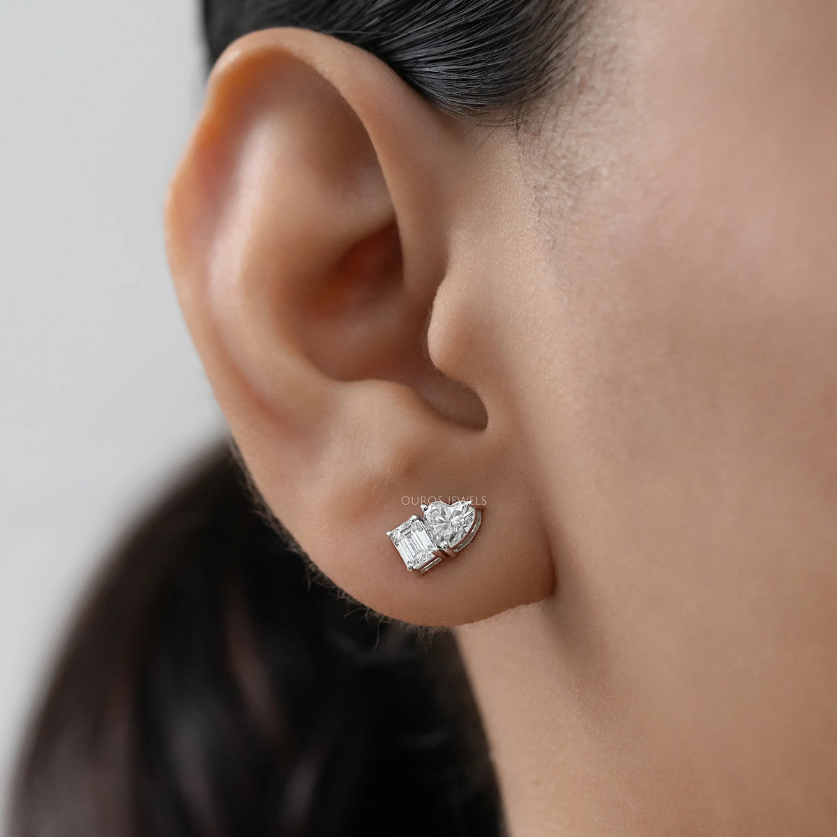 Heart And Emerald Diamond Minimal Two Stone Studs Earrings