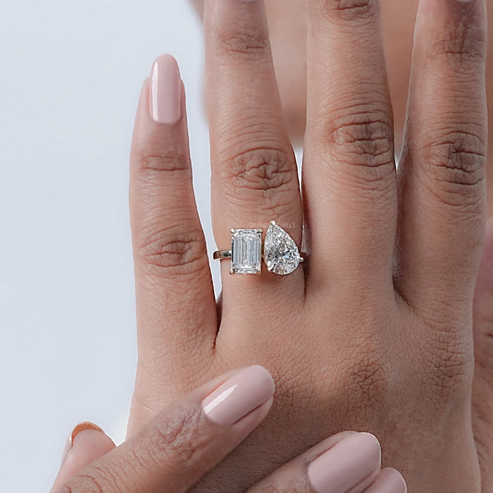 Pear And Emerald  Diamond Two Stone Ring