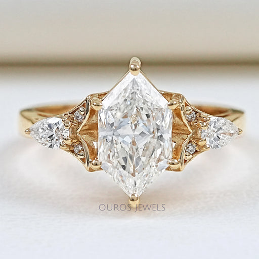 front view of dutch marquise cut lab diamond three stone engagement ring