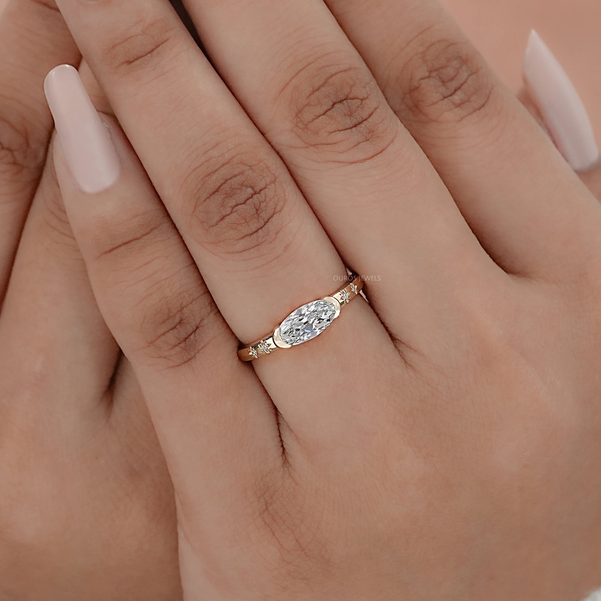 East West Old Mine Moval Cut Half Bezel Accent Ring Rings