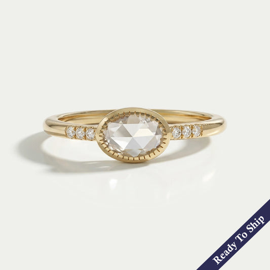 East West Rose Cut Oval Diamond Milgrain Accent Ring Ring
