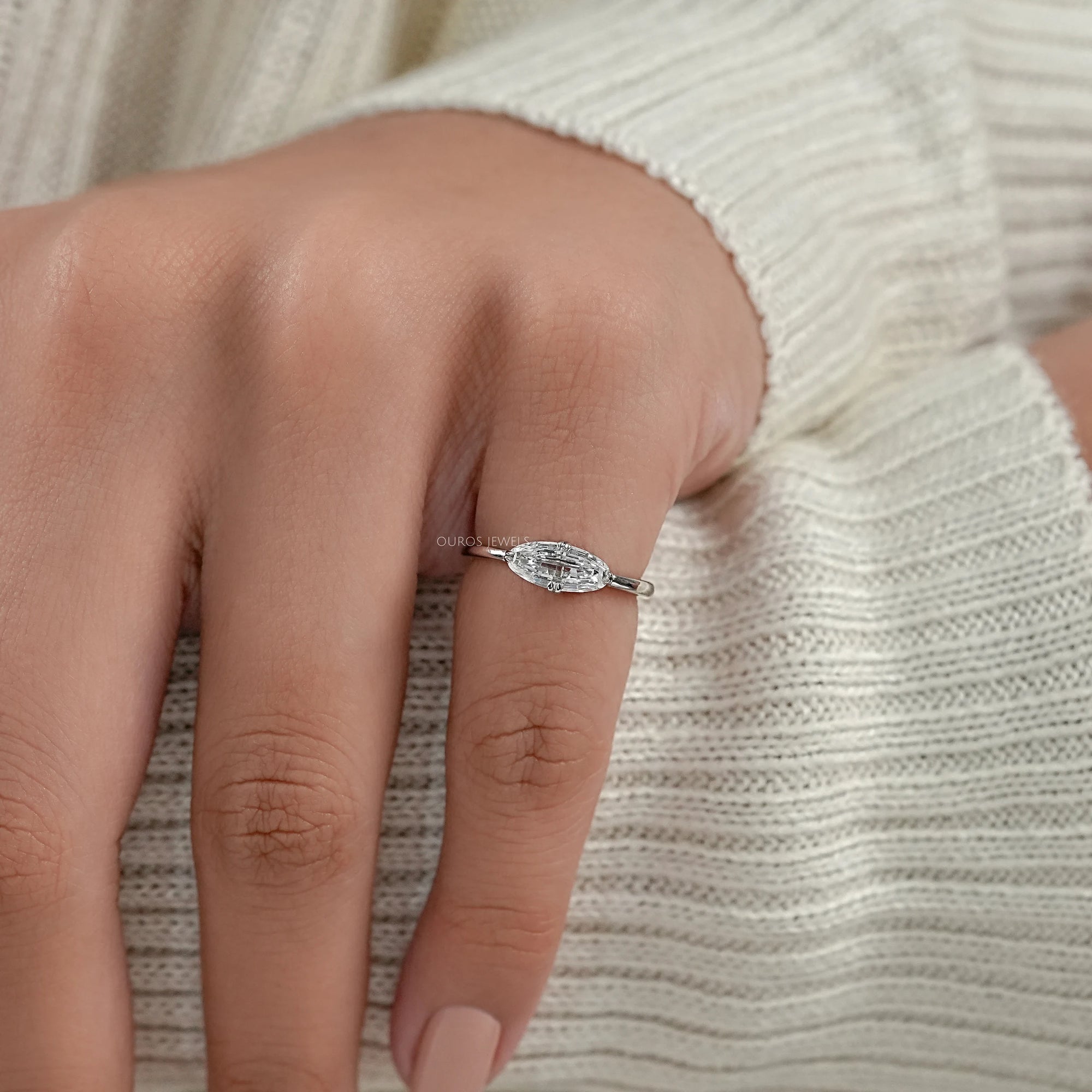 East West Step Cut Moval Lab Diamond Solitaire Ring Ring