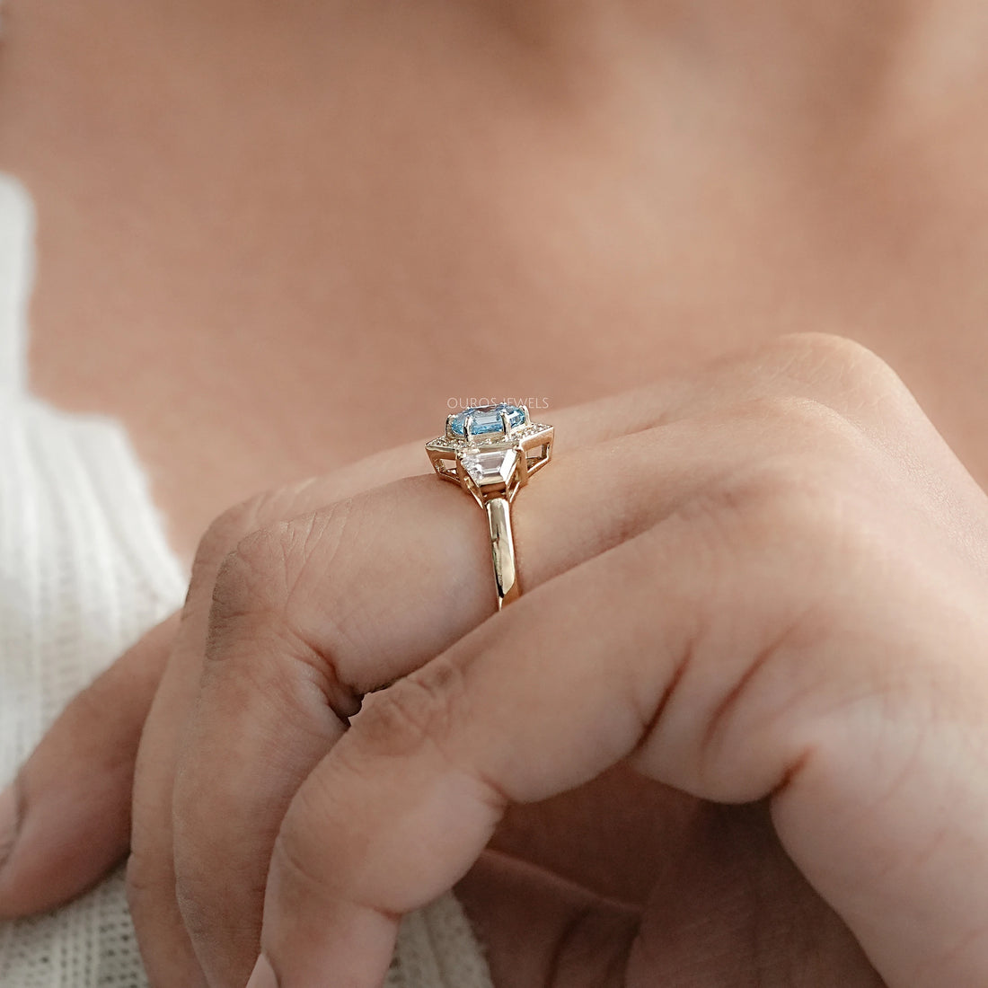 3 Stone Blue Hexagon Cut Halo Diamond Engagement Ring Ring