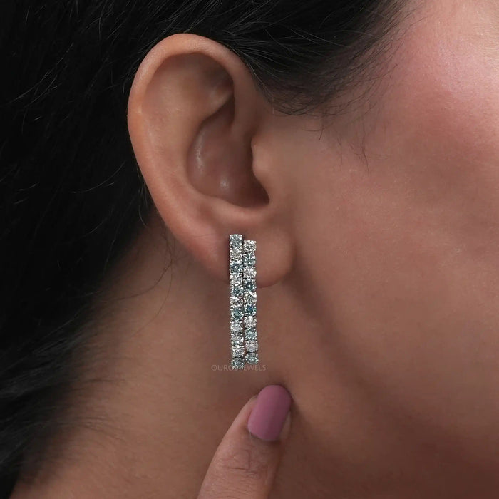 Blue Round Cut Lab Diamond  Double  Row Earrings