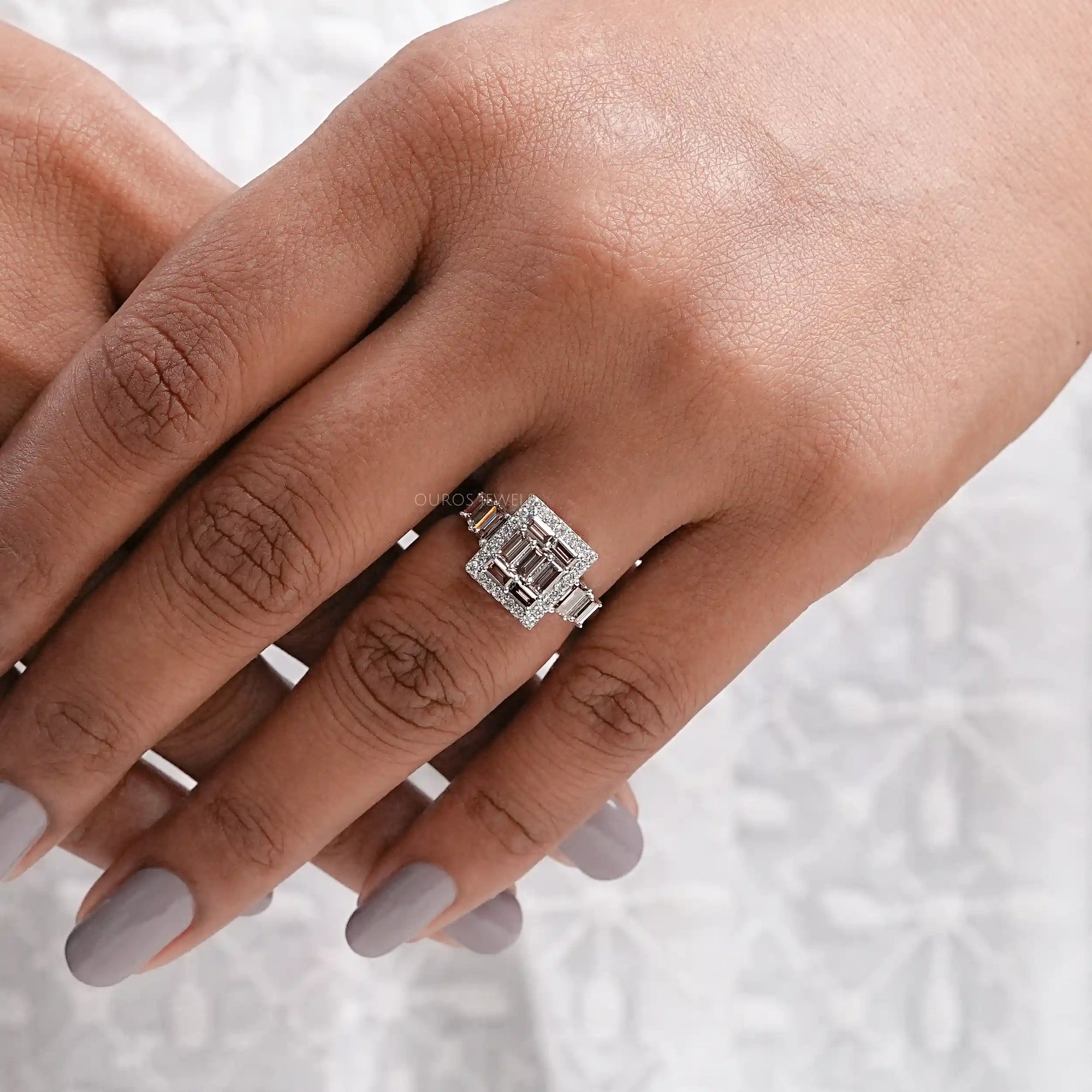Baguette Cluster Halo Diamond Ring Rings