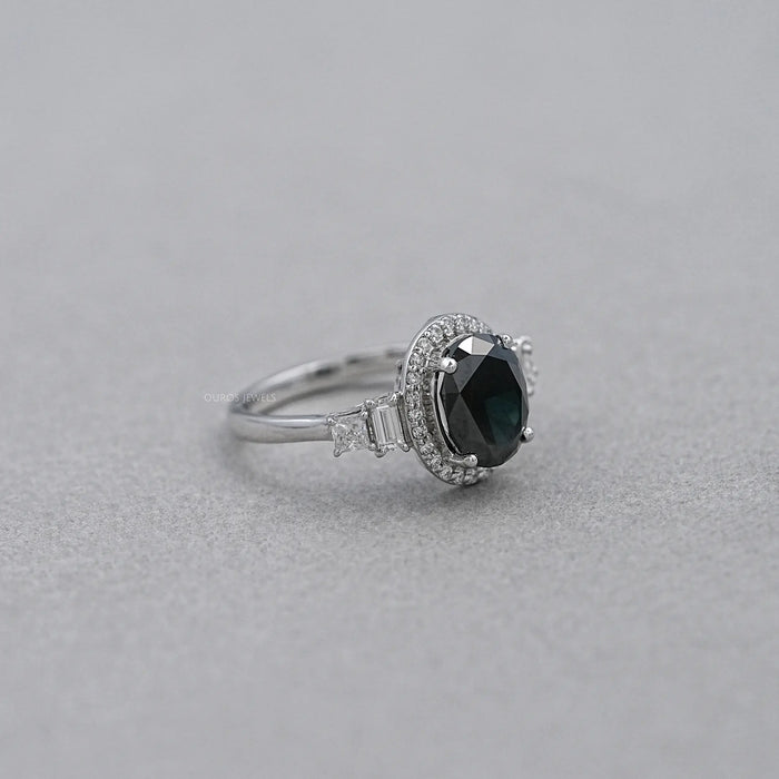 Black Oval Cut Halo Ring with Diamond Accents