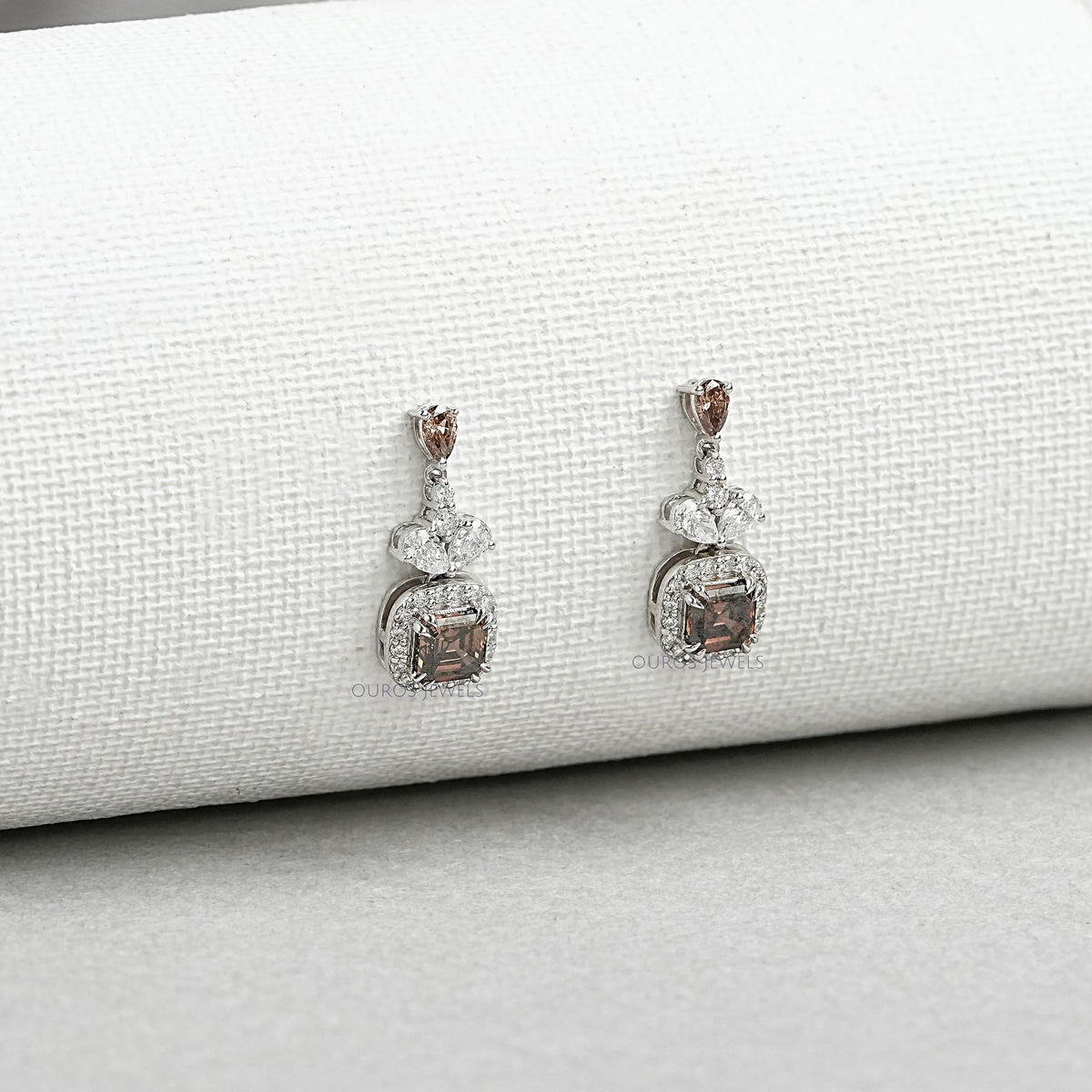 Champagne Asscher Cut Halo Dangle Earrings Earrings
