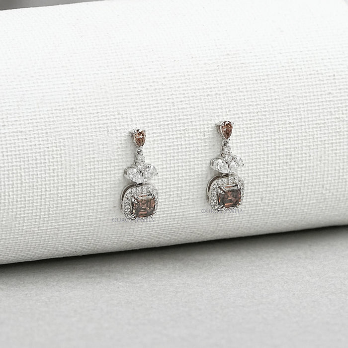 Brown Asscher Cut Halo Diamond Drop Earrings