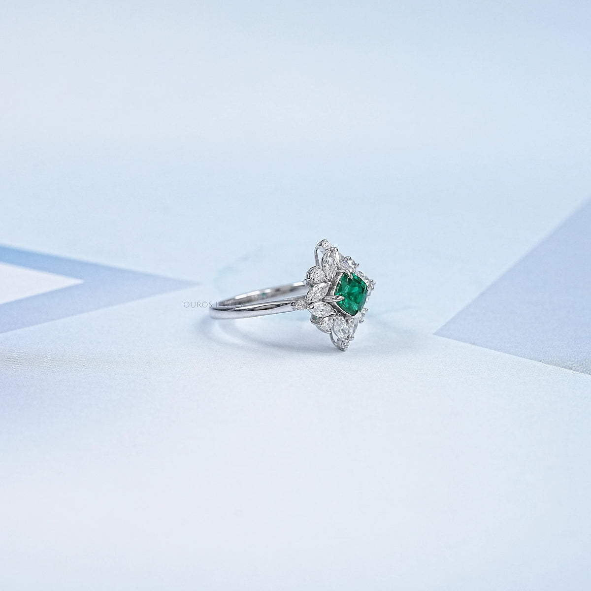 Lab Green Cushion Shape Halo Gemstone Ring Ring