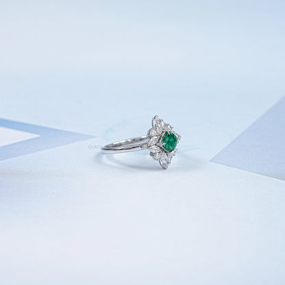 Lab Green Cushion Shape Halo Gemstone Ring Ring