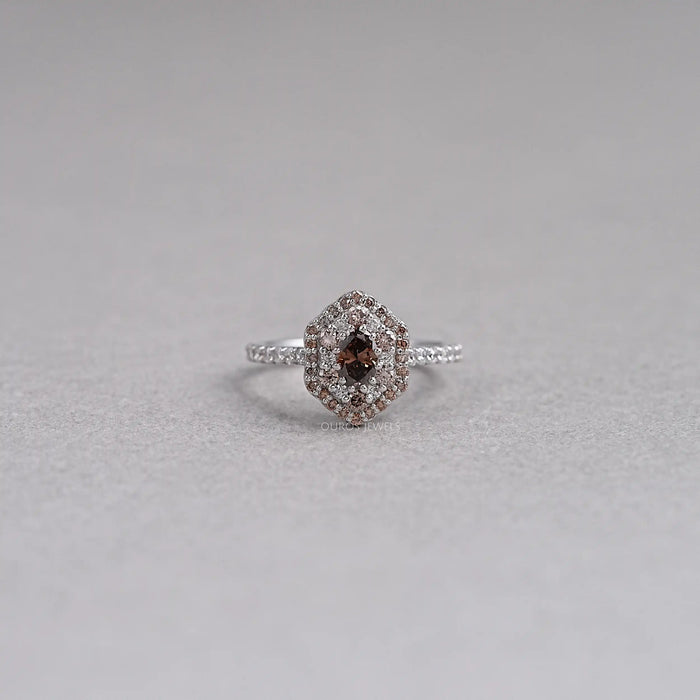 Double Halo Brown Oval Diamond Engagement Ring