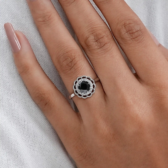 Round Black Diamond Double Halo Engagement Ring