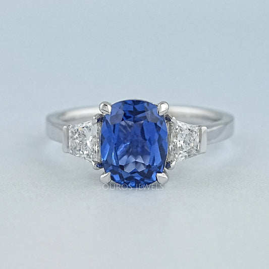 Sapphire Cushion Gemstone With Trapezoid Diamond Ring Rings