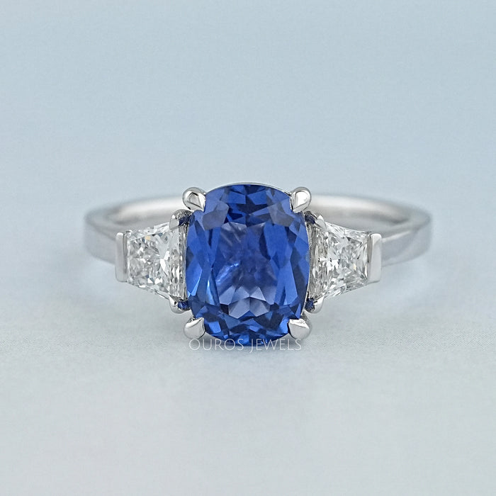 Sapphire Cushion Gemstone With Trapezoid Diamond  Ring
