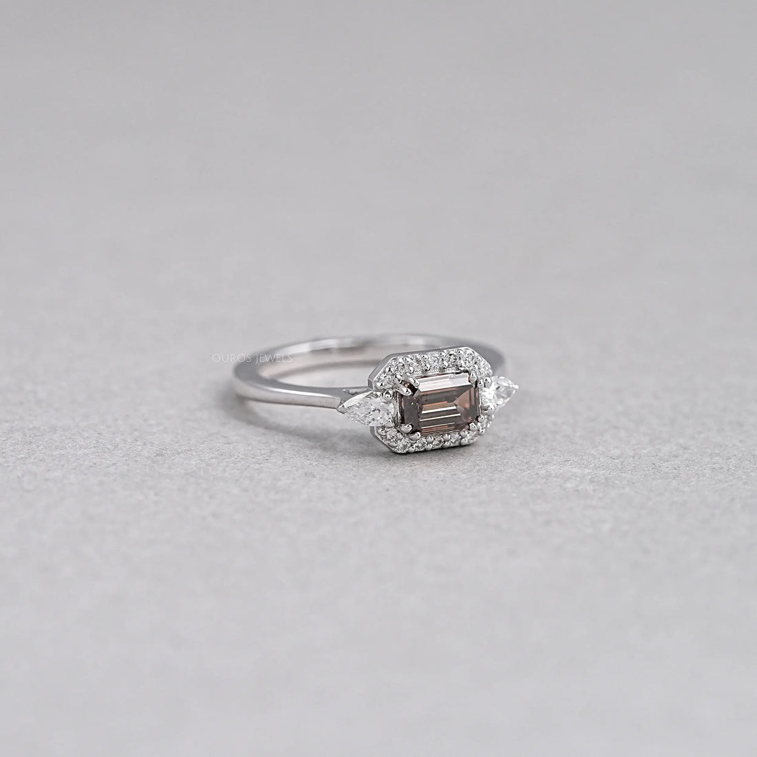 Champagne Emerald Shape Three Stone Engagement Ring Rings