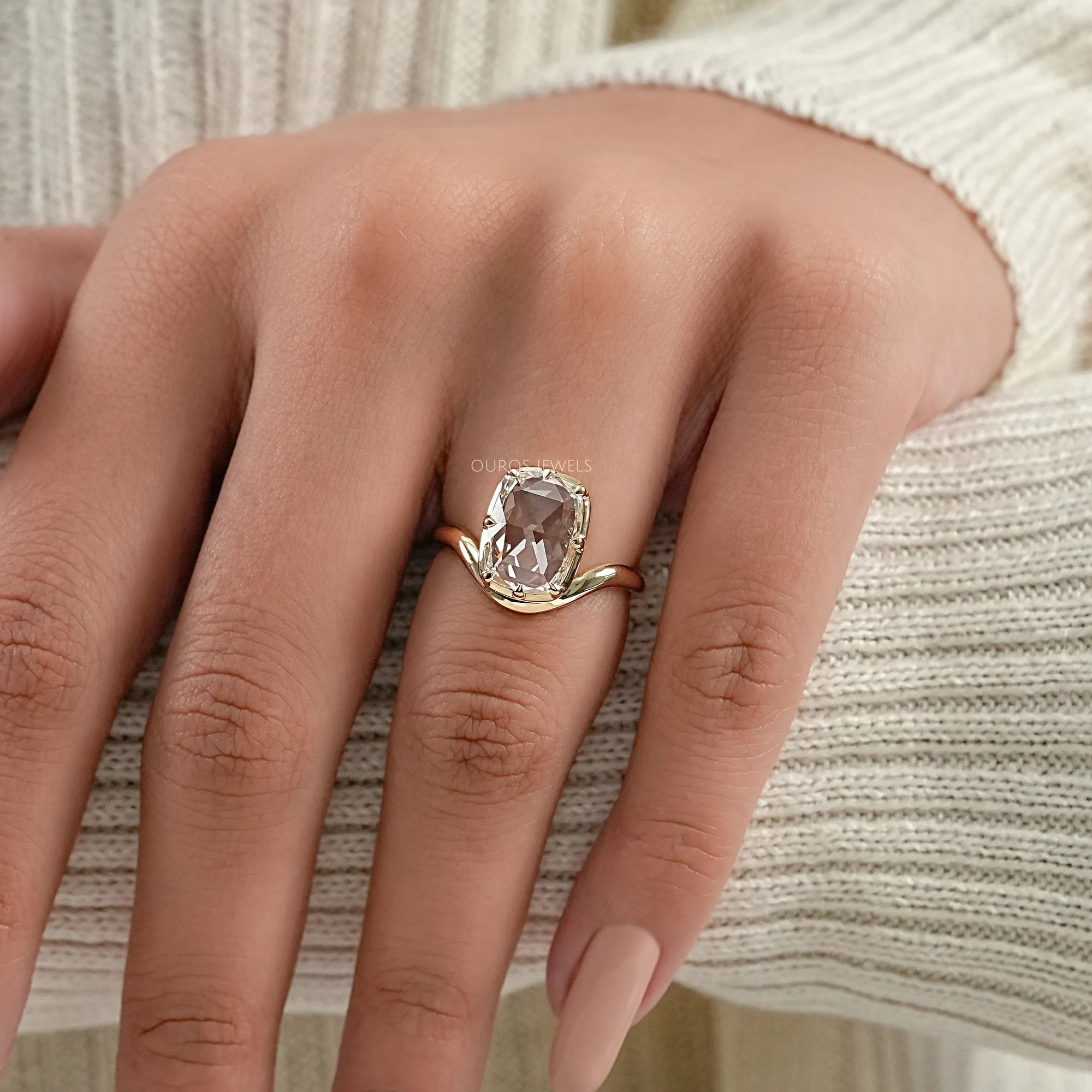 Rose Cut Elongated Cushion Curved Ring