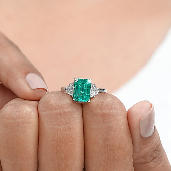 Green Emerald  With Antique Diamond Three Stone Ring