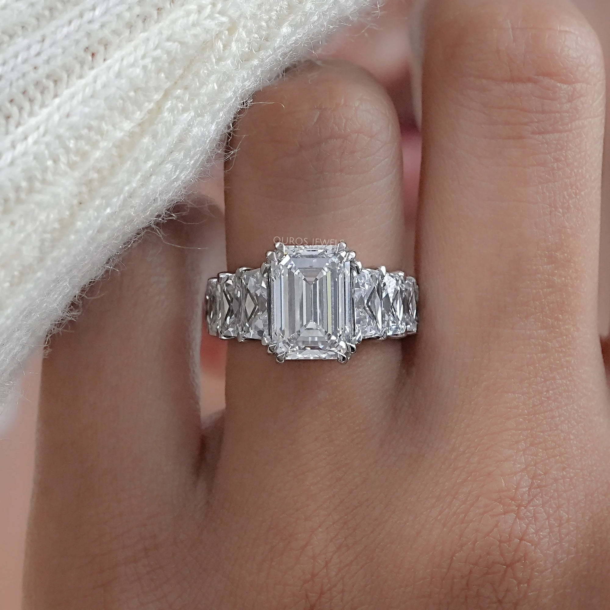 Emerald Diamond French Cut Trapezoid Accent Engagement Ring Rings