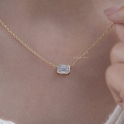 Bezel Set Emerald Cut Lab Diamond Solitaire Pendant Necklaces