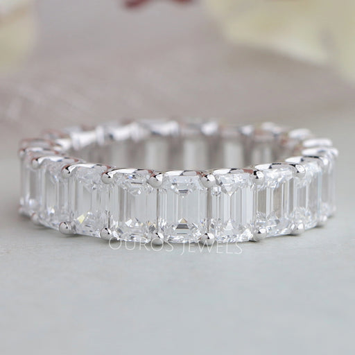 front view emerald cut lab made diamond full eternity wedding band white gold