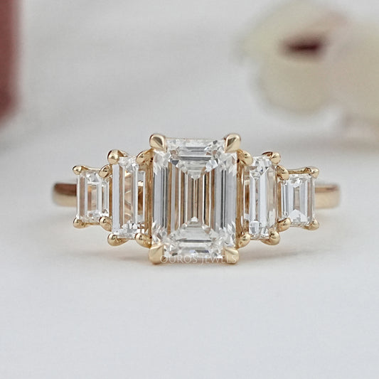 Five Stone Emerald And Baguette Diamond Engagement Ring Rings