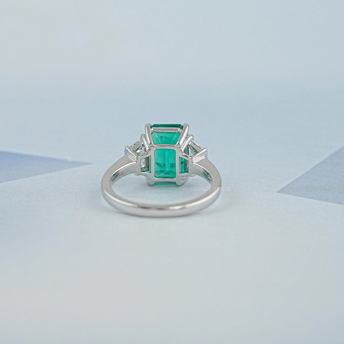 Green Emerald Cut With Trapezoid Diamond Ring 